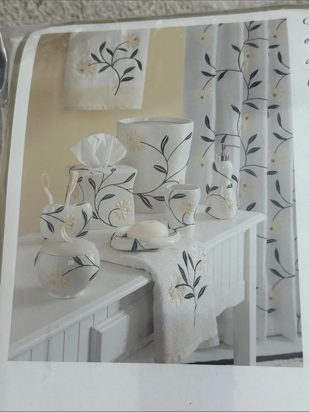 Chapel Hill White Shower Curtain with Black Leaf Design
